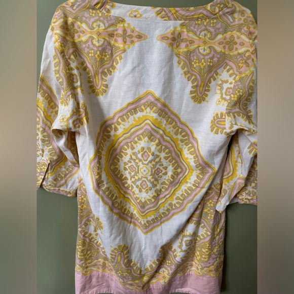 J Crew Linen Beach Yellow Pink Scarf Pattern 3/4 sleeve shift dress coverup 12 - Picture 5 of 7